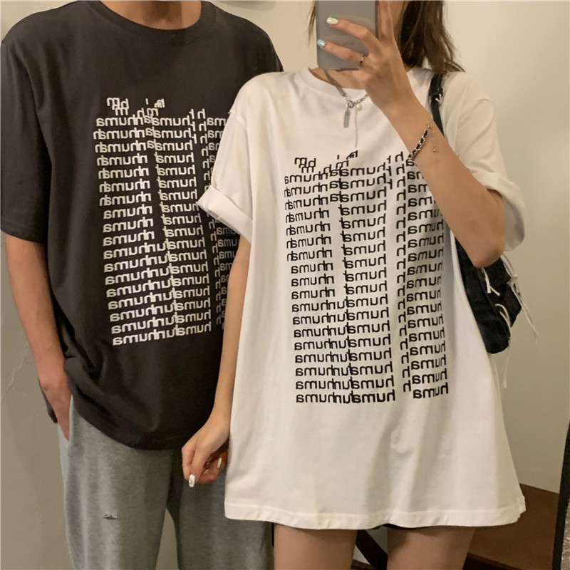 Korean New English Printing Casual Loose Round Neck T-shirt for Couples