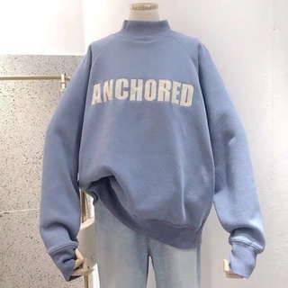 Áo nỉ bông trơn in chữ Anchore cổ 3cm phong cách ulzzang Hàn Quốc