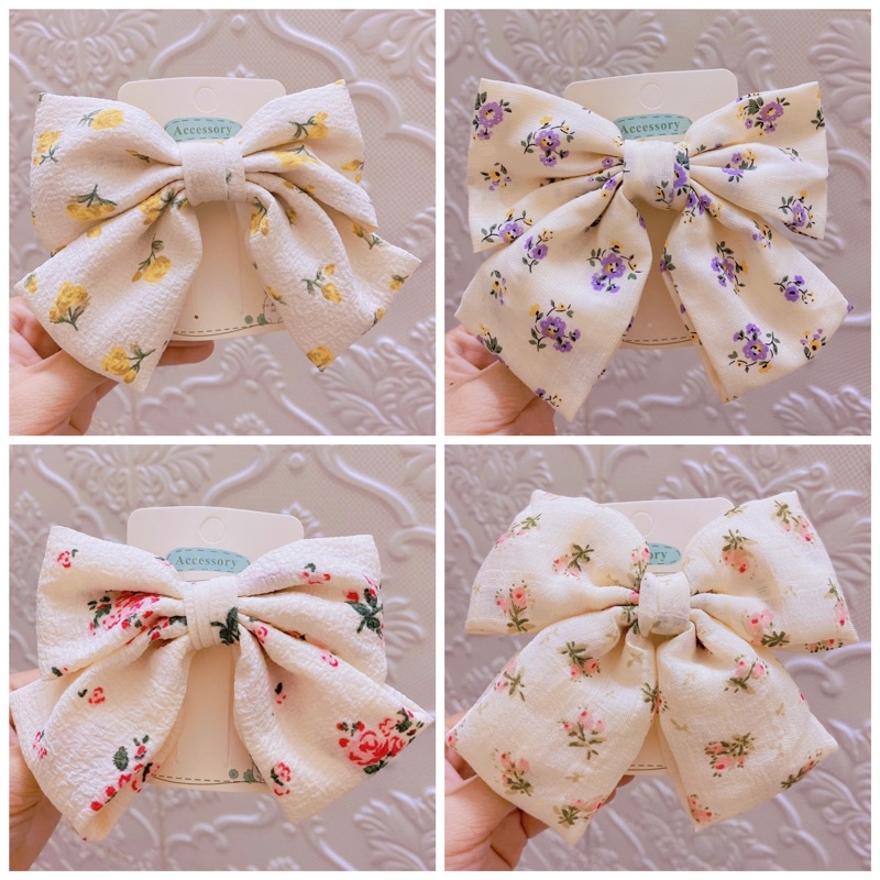 [Hàng thiết kế] Kẹp tóc nơ hoa nhỏ màu be handmade phong cách vintage dành cho tiểu thư