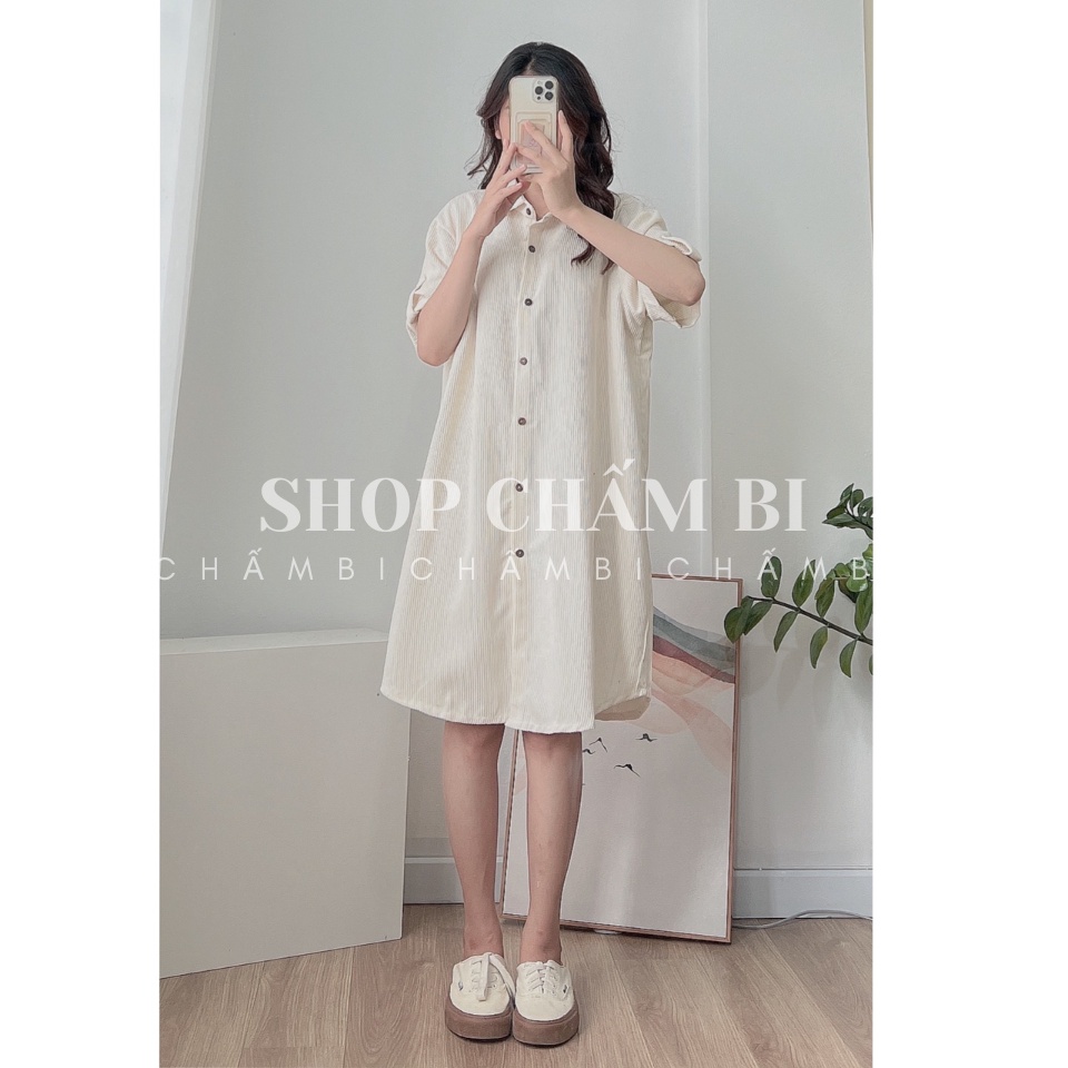 Váy sơ mi nhung tăm basic V.130, Váy kiểu dáng suông cộc tay gấp gấu 4 màu cách điệu - Thời trang nữ Chấm Bi | BigBuy360 - bigbuy360.vn