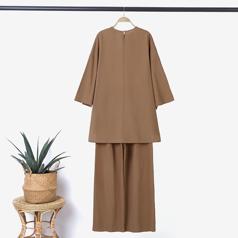 Bộ đồ dáng rộng thường ngày ZANZEA với áo kiểu cổ tròn và quần dài ống rộng eo thun cho nữ