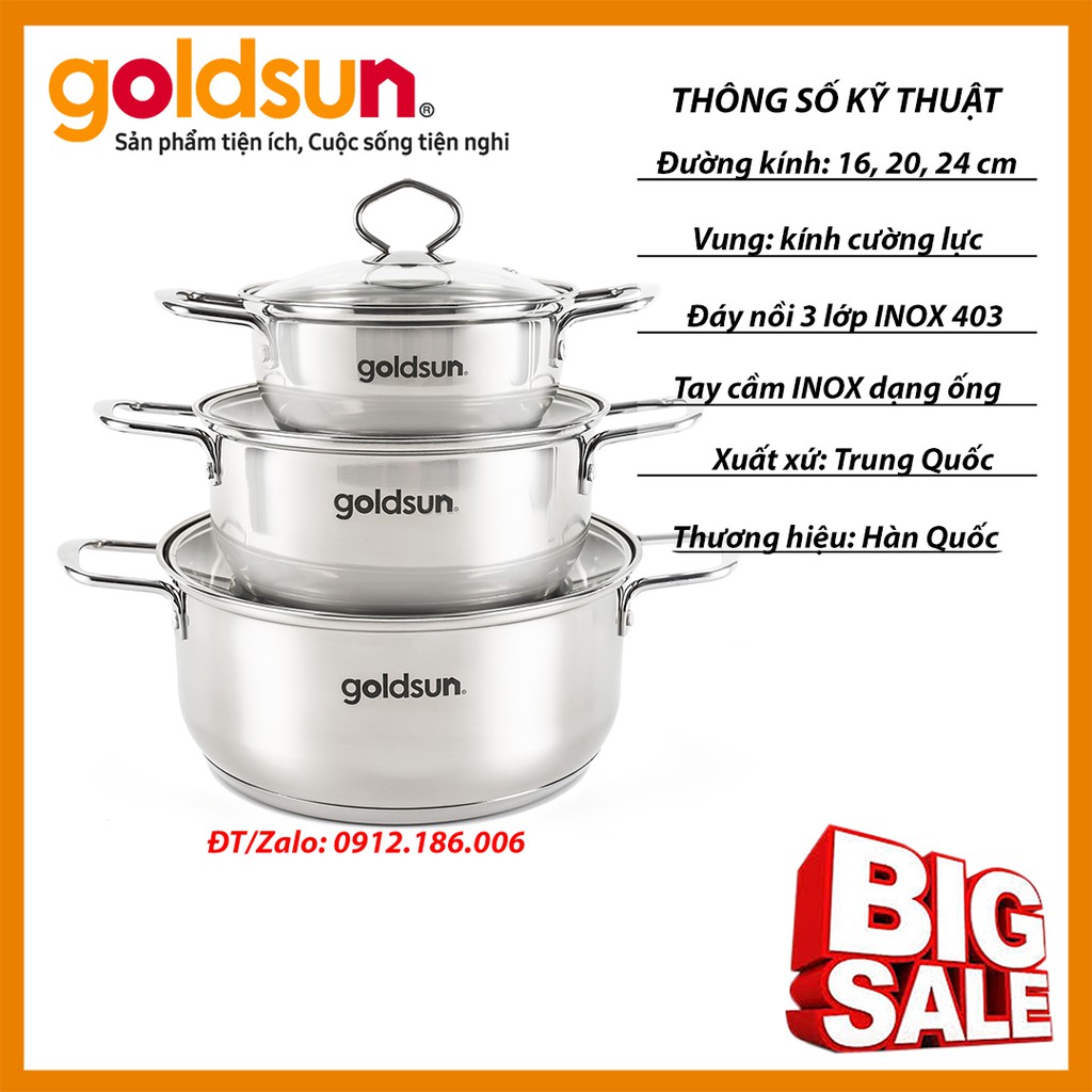 Bộ nồi Inox 3 đáy Goldsun HM22 chính hãng