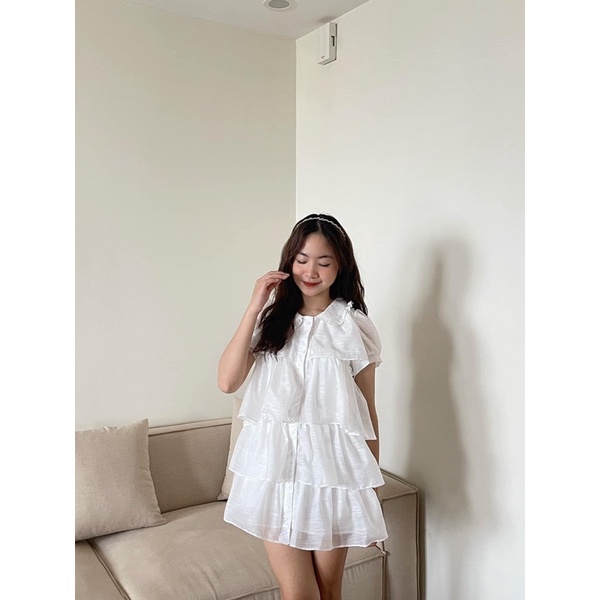 Đầm babydoll 2 lớp cất kim sa siêu đẹp, Váy voan tầng cổ sen tay bồng tiểu thư bánh bèo (TTA108)