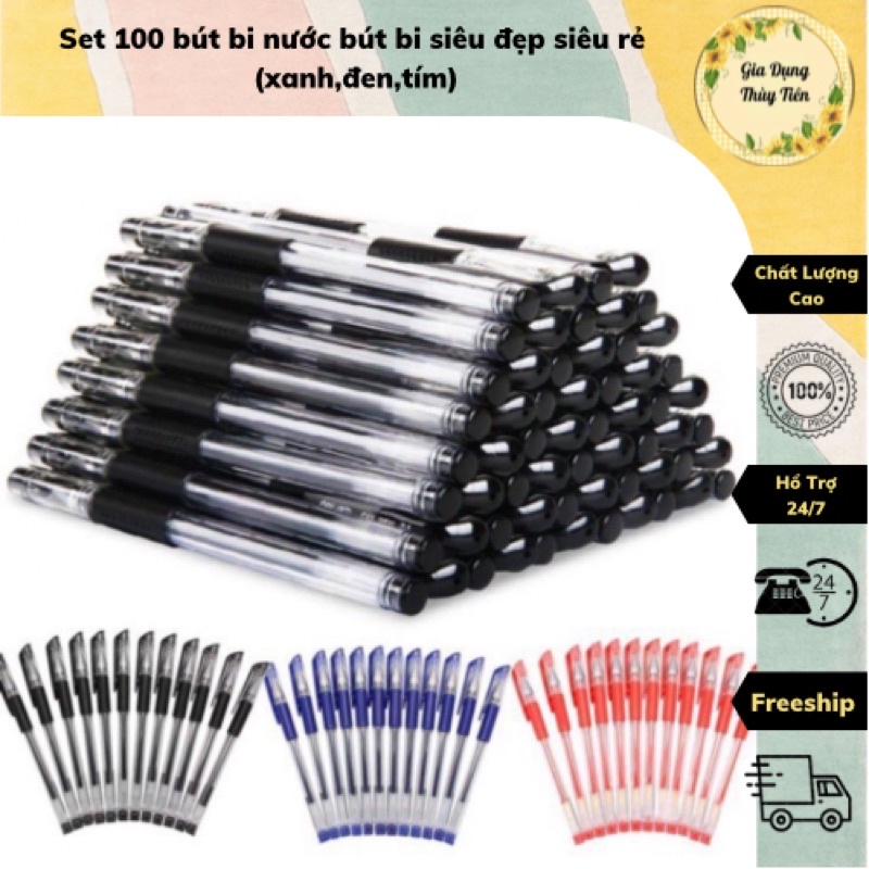 Set 100 bút bi nước bút bi siêu đẹp siêu rẻ (xanh,đen,tím)