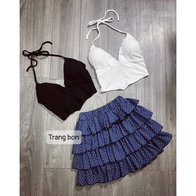 Set áo dây yếm + chân váy jean tầng