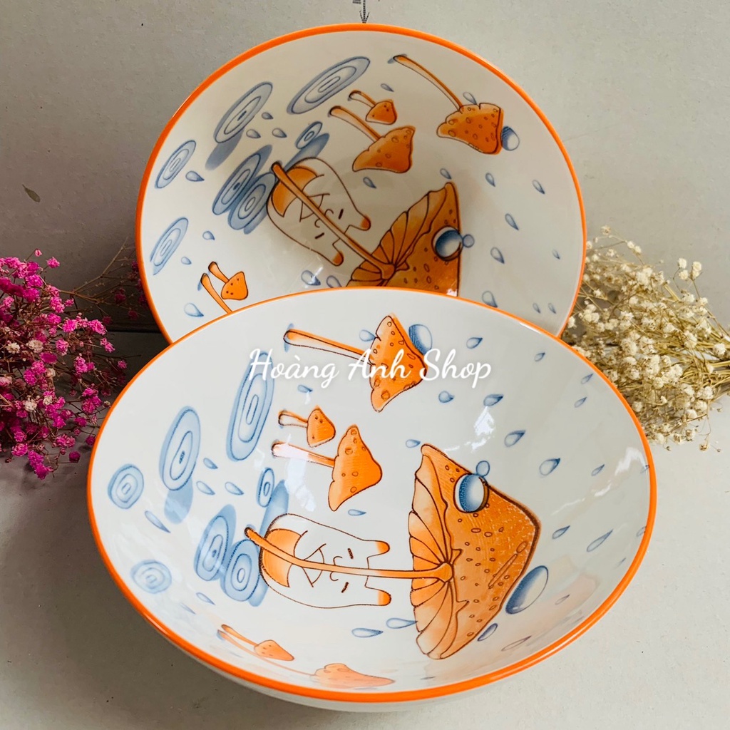 Tô Sứ Loe Đường Kính 20Cm Họa Tiết Nấm Dễ Thương Có Vân Ngoài - Đồ Sứ Decor Xinh Xắn