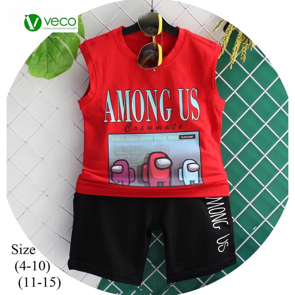 Đồ bộ quần áo bé trai bé gái Veco ba lỗ tay ngắn in hình Among us 30-45kg vải 100% cotton co giãn 4 chiều