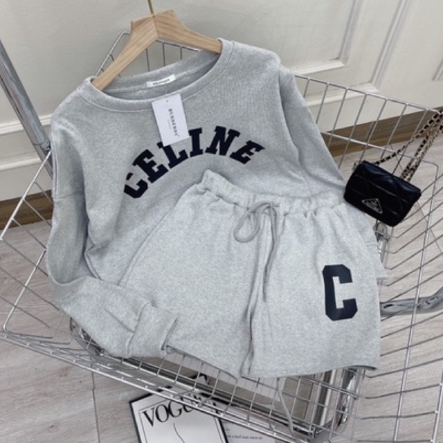 Set Bộ Chữ C Áo Dài Tay Quần Sooc Đùi Chất Bozip Màu Xám