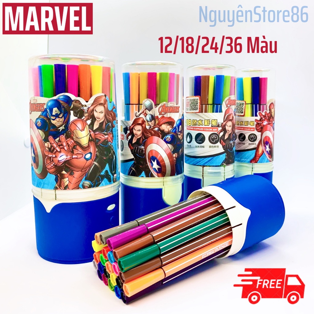 Bút Màu Nước Marvel (Hộp Ống Cực Xịn) Hình Các Siêu Anh Hùng - Có Thể Rửa Nước 12/18/24/36 Màu
