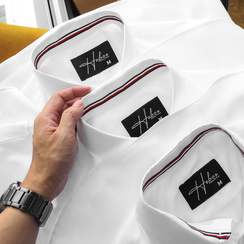 Sơ mi nam tay dài HEBOZ màu trắng trơn, chất vải sợi gân sọc dọc mang thoải mái, lên dáng thanh lịch 03 - 00001081