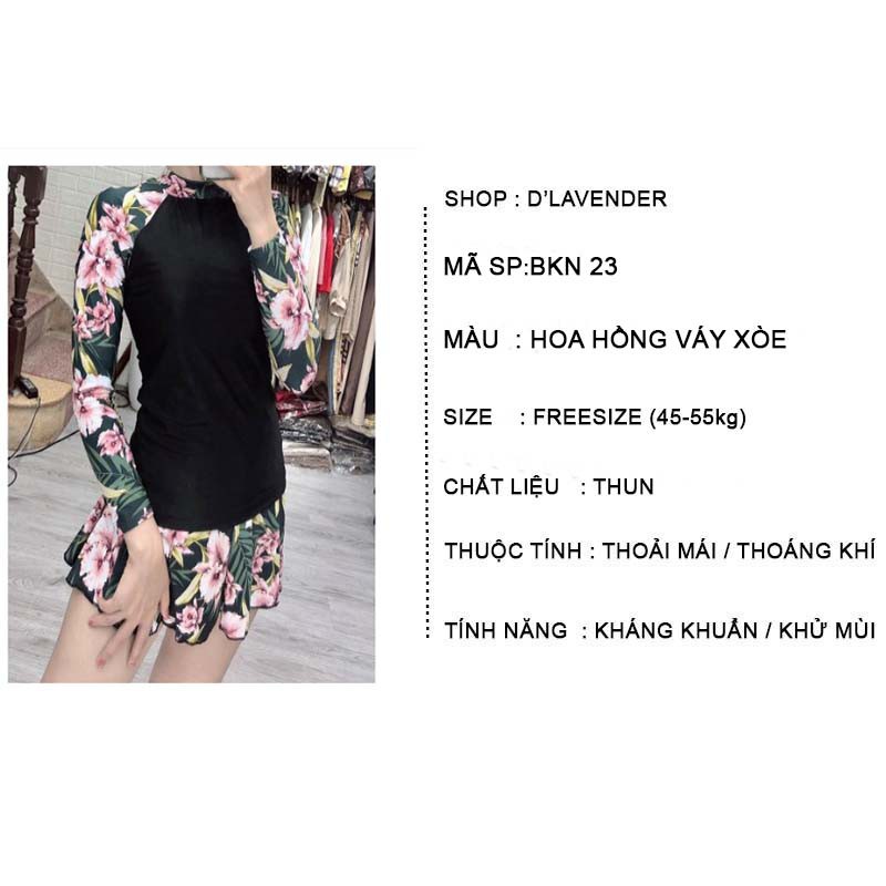 Bikini, Đồ Bơi Đi Biển Hai Mảnh Tay Dài Váy Xòe Hoa D'LAVENDER BKN 23