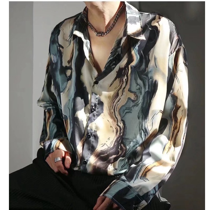 Áo sơ mi tay dài dáng rộng vải lụa satin in họa tiết hoa phong cách Hồng Kông cổ điển thời trang cho nam và nữ