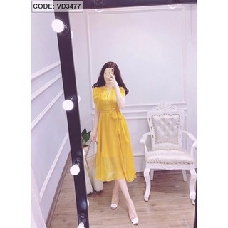 Đầm voan xếp ly ngực tay ngắn bèo nơ cột eo