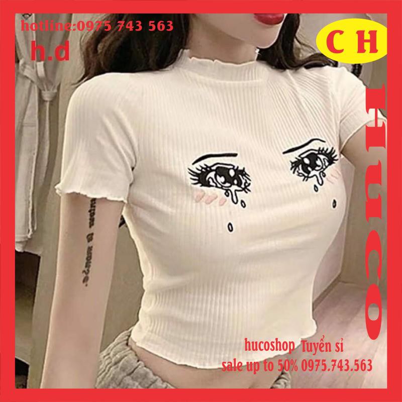 Áo thun croptop body nữ mắt chảy lệ chất bozip tay ngắn màu basic freesize dưới 52kg hucoshop