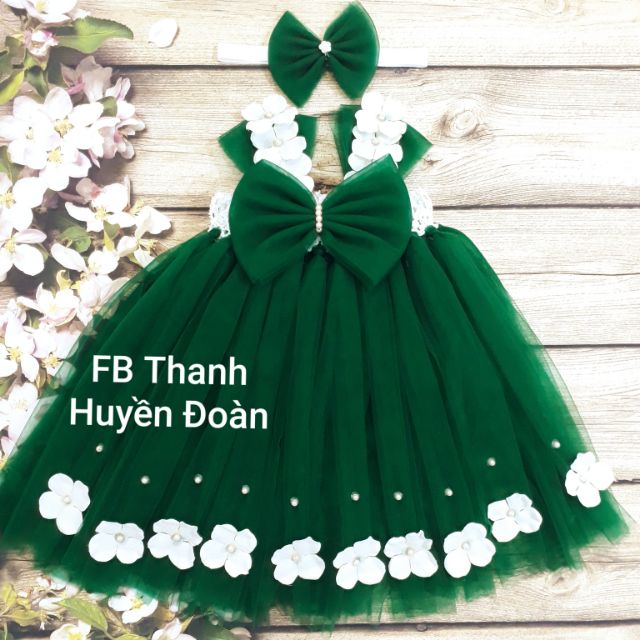 Váy bé gái màu xanh rêu đậm Nơ-váy công chúa tutu