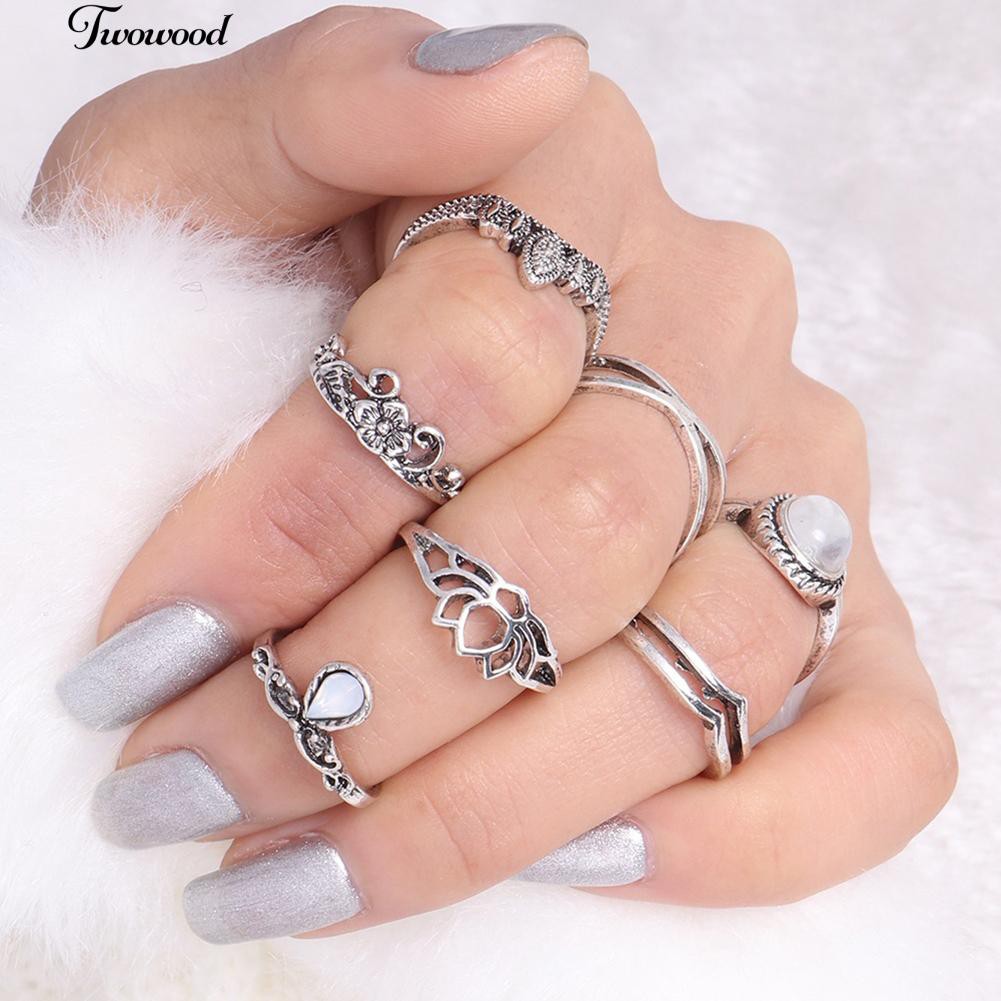 Set 7 Nhẫn midi Chạm Khắc Hoa Sen / Giọt Nước