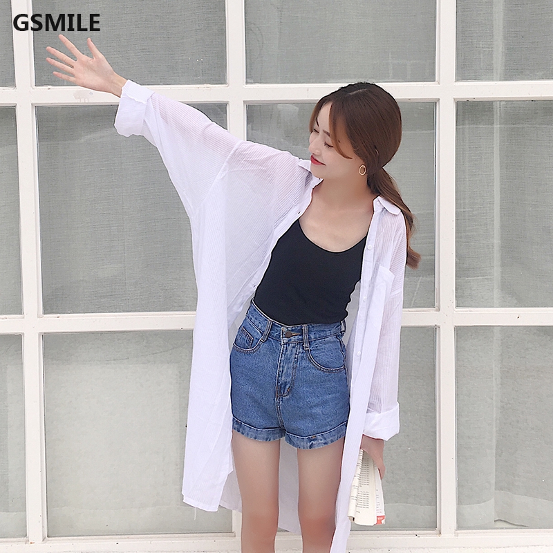 Solid Color Long Sleeve Blouse Women Korean Thin Sunscreen White Lapel Long Tops