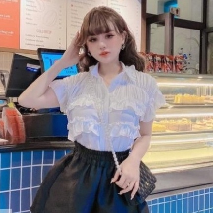 Áo sơ mi nữ form rộng tay ngắn ôm dáng kiểu hàn quốc cộc tay phối ngọc cổ ren tiểu thư - áo sơ mi trắng đi học công sở