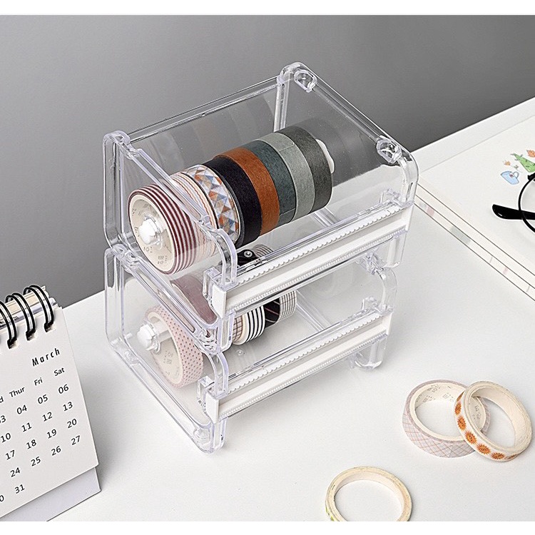 Hộp cắt washi tape Béo shop đựng cắt băng dính đa năng mini bằng nhựa Acrylic trong suốt size lớn 2 lưỡi dao tiện lợi
