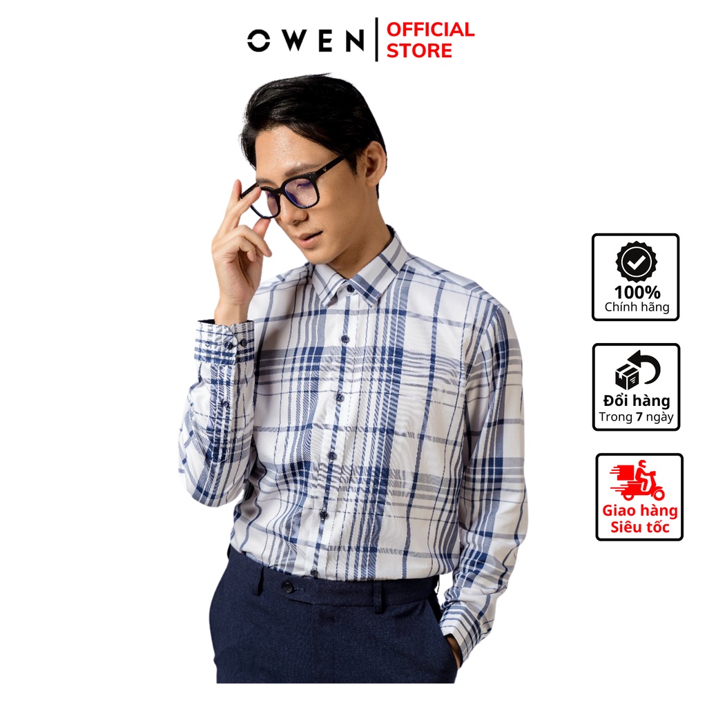Áo Sơ Mi Nam Tay Dài Owen AR23385D Kẻ Caro Trắng Xanh Dáng Regular Fit Không Túi Vải Sợi Tre Cao Cấp