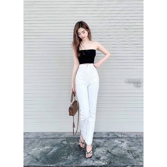 Quần jean trắng dài ống suông đứng có túi trước lưng cao! HÀNG VNXK