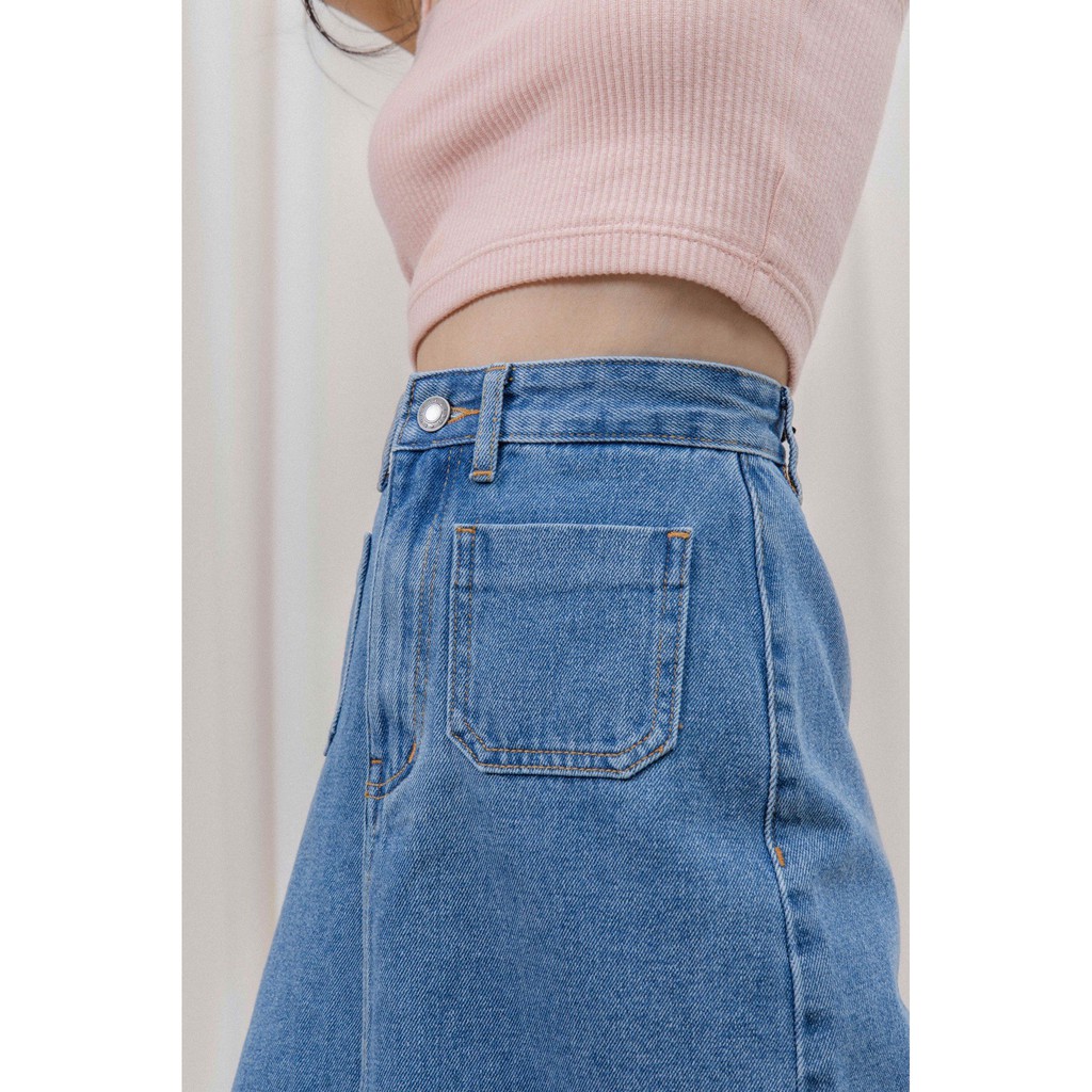 LIBÉ - Chân váy jeans dài 2 túi đắp màu xanh nhạt | BigBuy360 - bigbuy360.vn