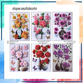 Decal dán tường bình hoa 3D sẵn keo, Tranh nổi 3D các loại hoa trang trí (12 mẫu)