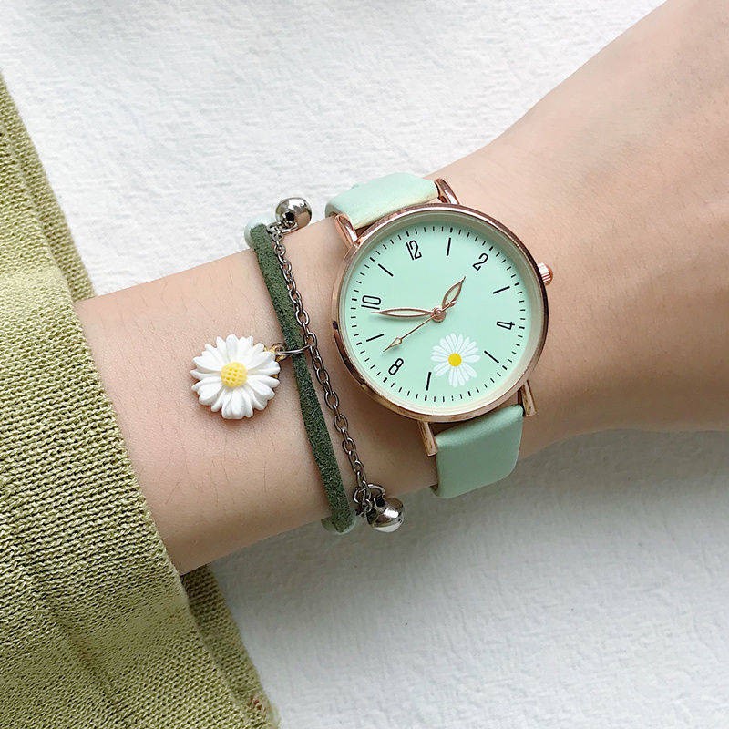 Đồng hồ màu xanh lá cây hoa cúc nhỏ Đồng hồ nữ sinh trung học phong cách Hàn Quốc đơn giản ins