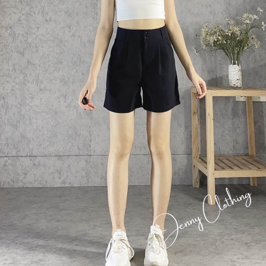 Quần short nữ ống rộng cạp lưng siêu cao phối 2 khuy cài - Màu Đen Tím - Vải mềm - Form rộng mặc lửng ngắn ngang gối