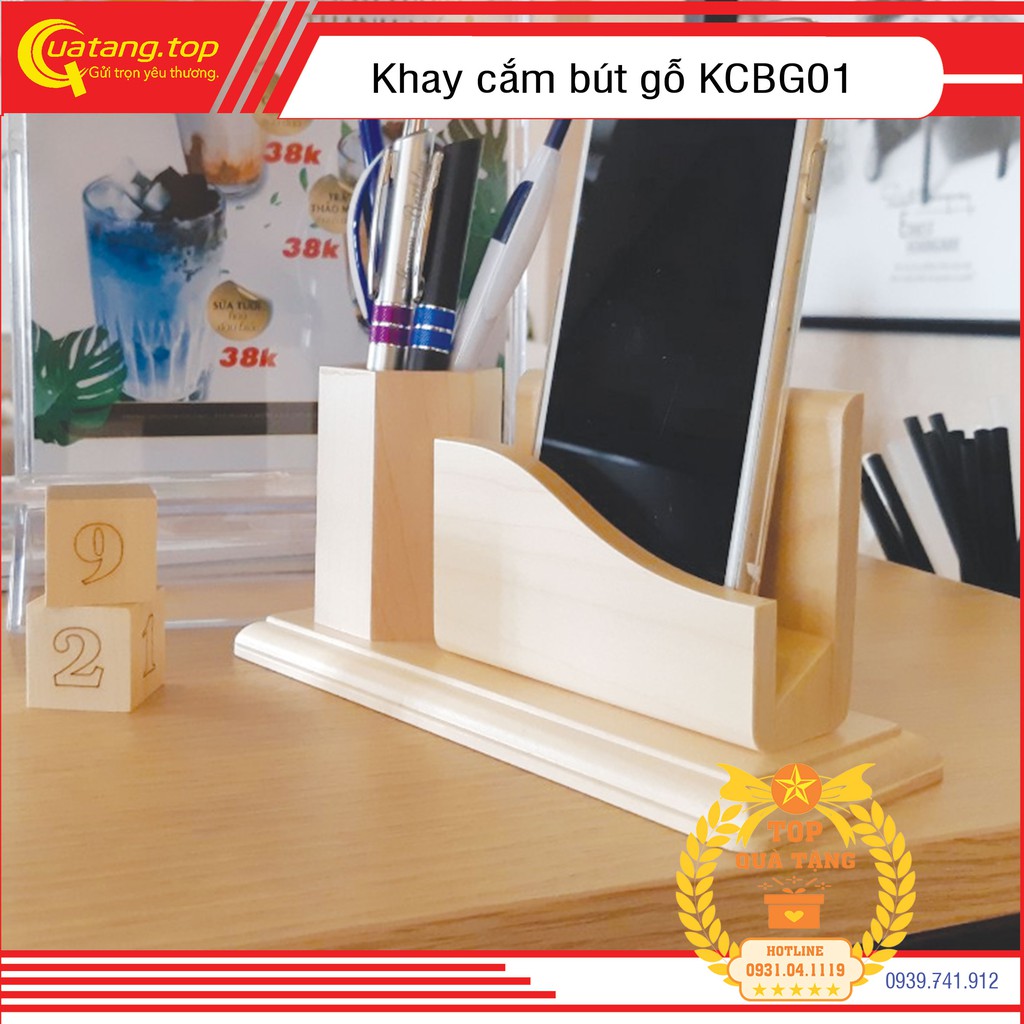 Khay cắm bút gỗ Maple cao cấp để bàn làm quà tặng khắc hàng | Có khắc tên logo theo yêu cầu