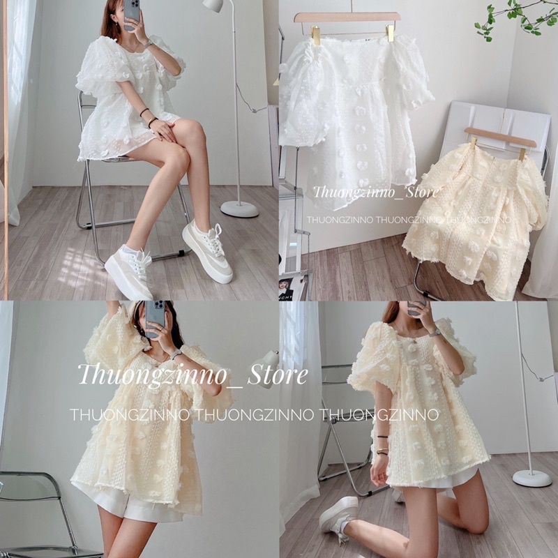 [Ảnh thật/Video]Áo trễ vai hoa nổi tay phồng MiO Nhẹ nhàng trẻ trunh Áo trễ vai Hàn Quốc hoa nổi