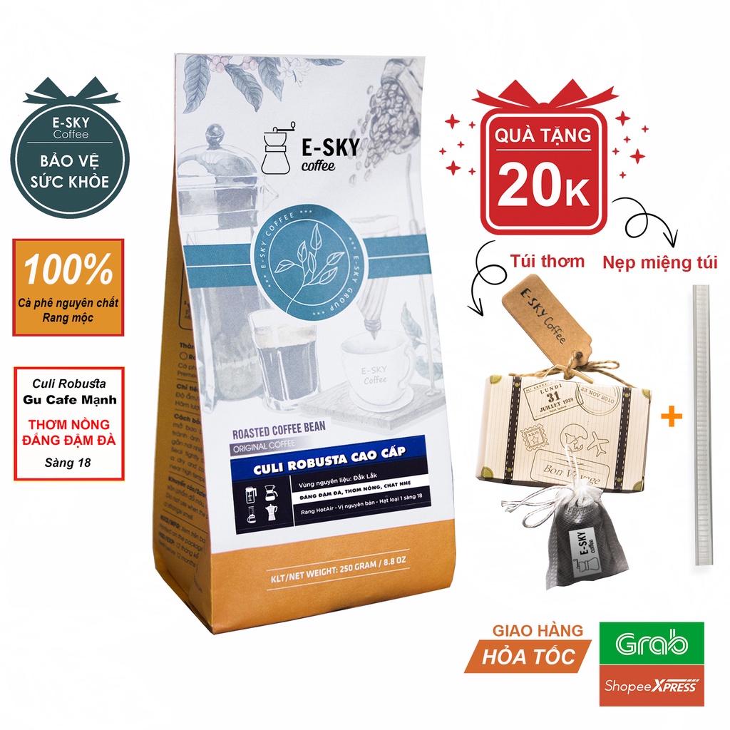 Cà phê Culi robusta E-SKY Coffee nguyên chất 100% rất đậm pha phin pha máy cold brew 250g