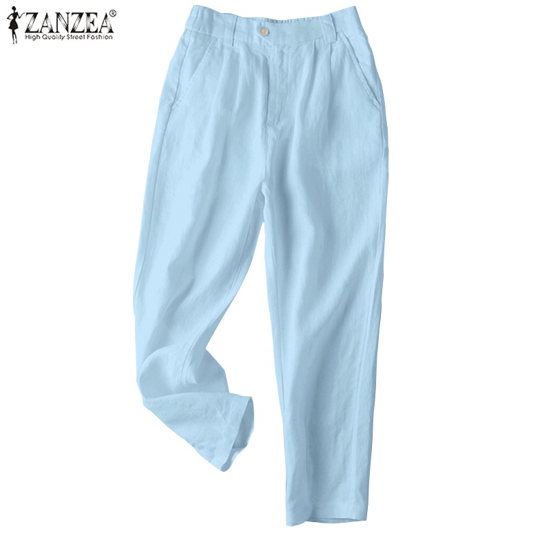 Quần dài ZANZEA lưng thun màu trơn có túi thời trang cho nữ