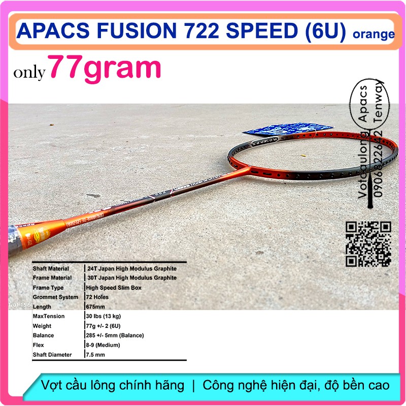 [Vợt cầu lông Apacs Nano Fusion Speed 722 Orange - 6U] Siêu nhẹ như không, cân bằng công thủ, sơn nhám tuyệt đẹp