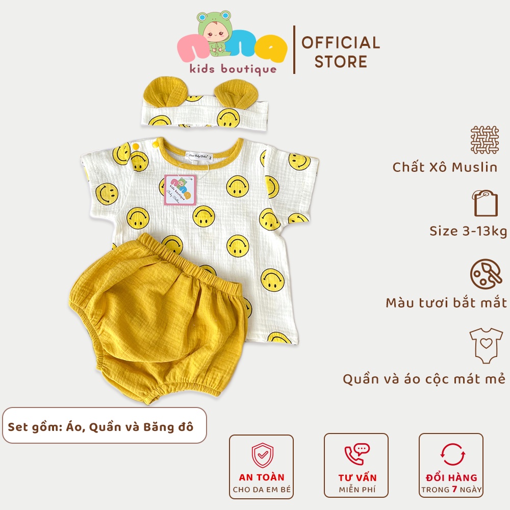 Bộ quần áo sơ sinh mùa hè Nina Kids Boutique Set đồ bộ unisex cho bé trai bé gái Kèm Turban Size 0 24 tháng