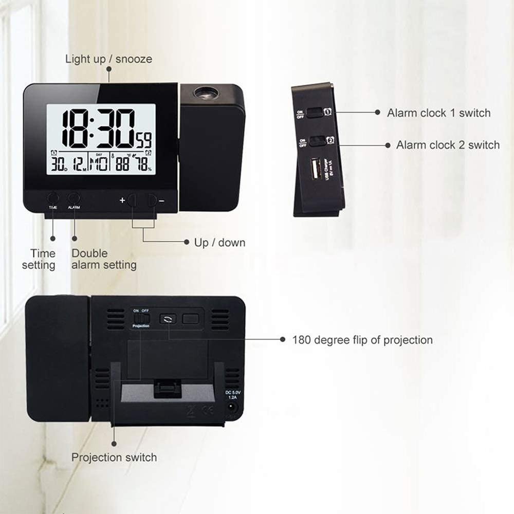 Đồng hồ báo thức kỹ thuật số SPE8 có hiển thị nhiệt độ và độ ẩm có đèn LED cổng sạc USB 180°Còi báo động xoay hai đầu 12/24H