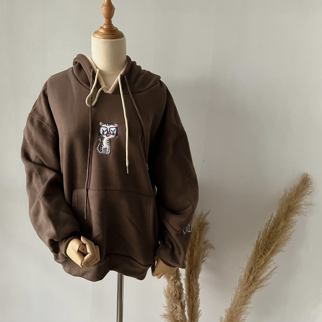 Áo Hoodie Có Mũ Thêu Hình Mèo Ngực Tay Dài Dày Dặn Hàng Quảng Châu Kiểu 1 | Smide Clothing
