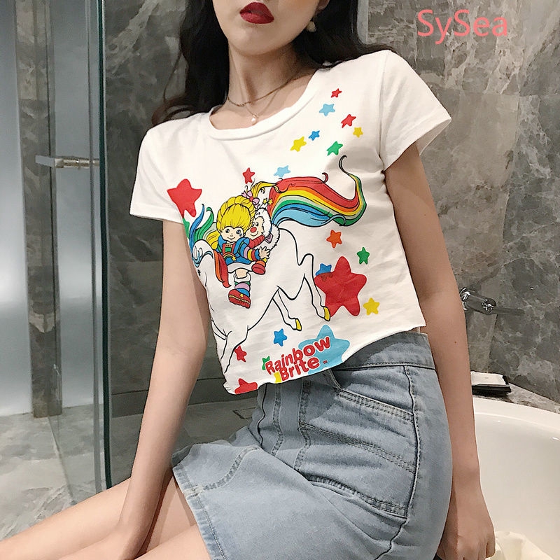 Áo Croptop Tay Ngắn Cổ Tròn Hoạ Tiết Cầu Vồng Đáng Yêu