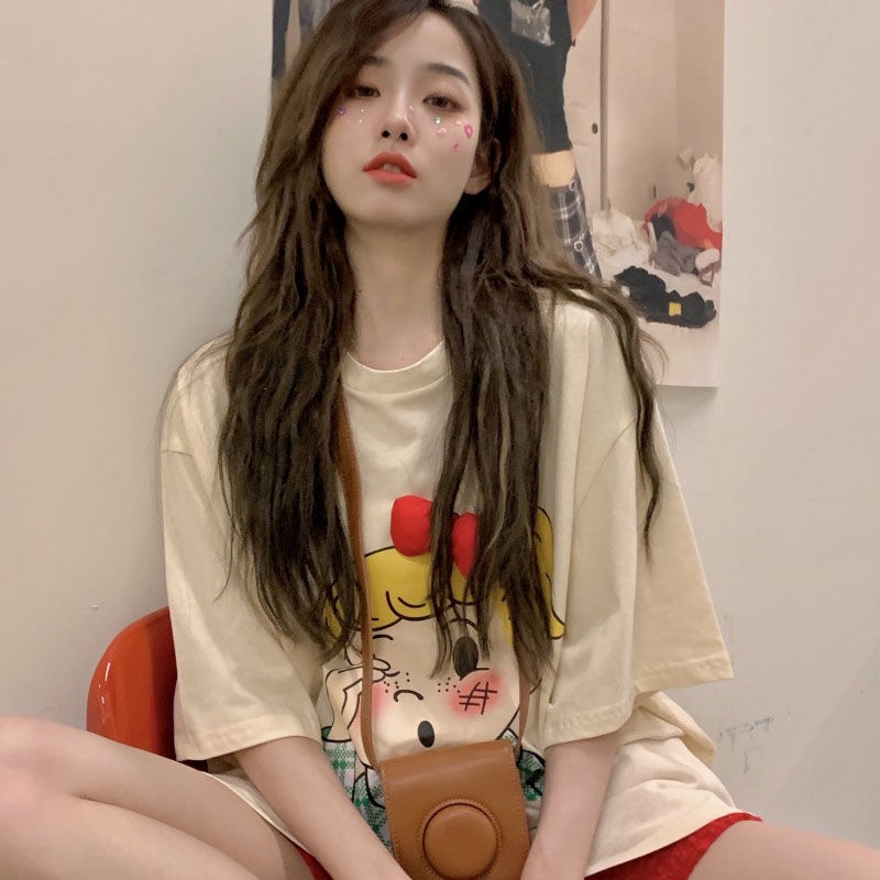 Jiashucheng Áo Thun Dáng Rộng Đính Nơ Dễ Thương Thời Trang Mùa Hè Cho Bạn Gái