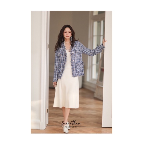 Áo khoác vải tweed màu xanh cao cấp