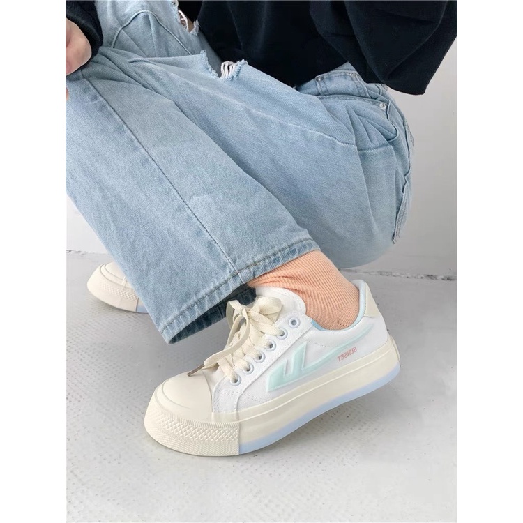 Giày thể thao nữ SST màu trắng chất liệu vải canvas kiểu dáng sneaker basic độn đế 5cm phong cách ulzzang hàn quốc 2021