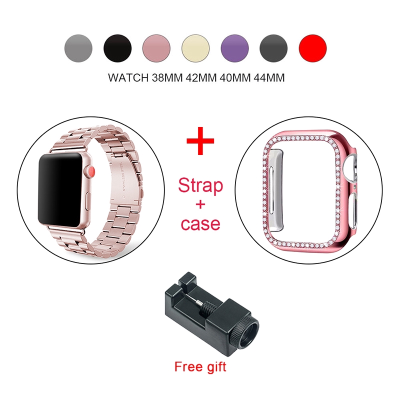 Dây Đeo Kim Loại+Khung Kim Loại Đính Đá Cho Đồng Hồ Thông Minh Apple Watch 38mm 42mm 40mm 44mm series 6 SE 5 4 3 2 1