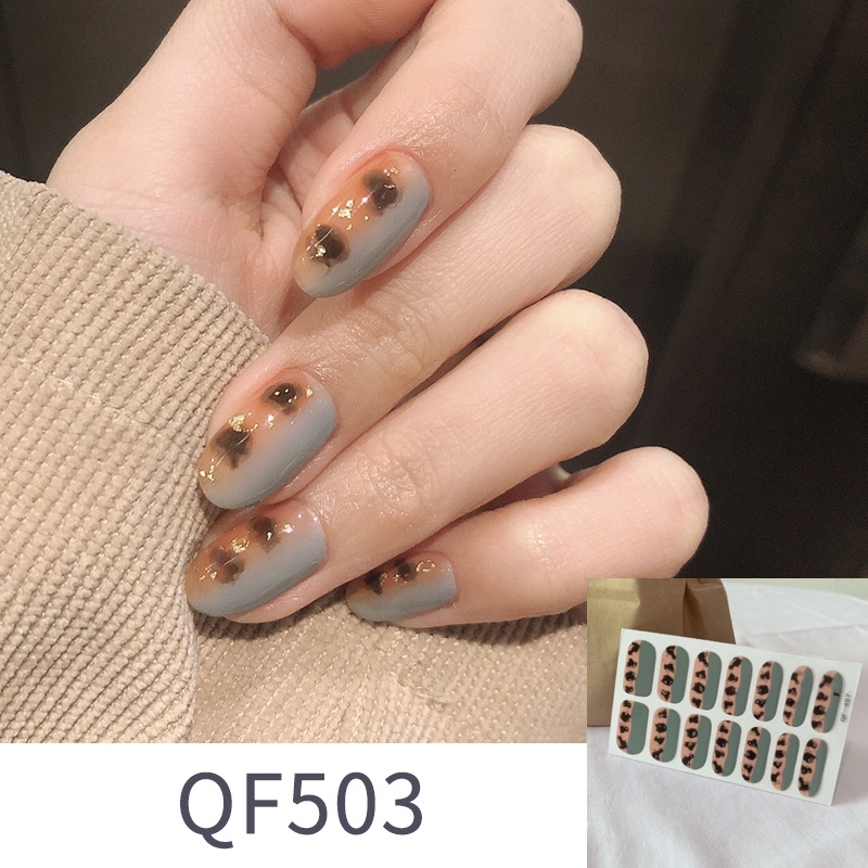 Bộ 14 Miếng Dán Móng Tay Chống Thấm Nước Có Thể Lột Được Màu Nude In Họa Tiết Da Báo