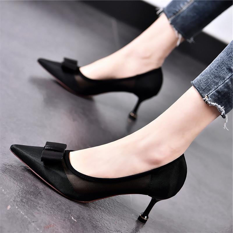 Giày Cao Gót 7CM Mũi Nhọn Phối Lưới Thoáng Khí Đính Nơ Thời Trang Xuân Hè 2021 Cho Nữ