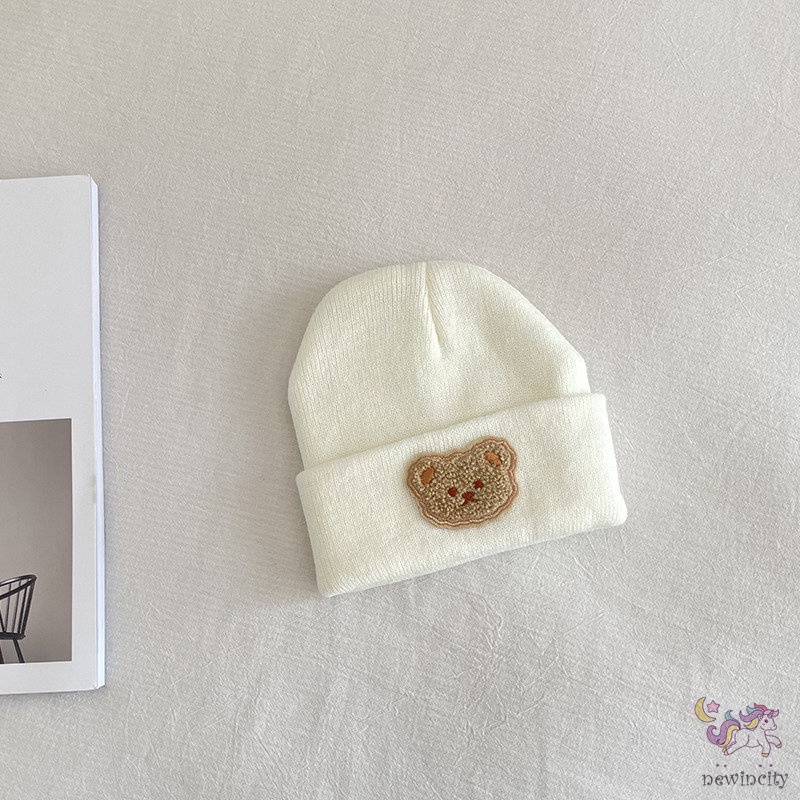 Mũ Beanie Dệt Kim Co Giãn In Họa Tiết Gấu Kiểu Hàn Quốc Thời Trang Thu Đông Cho Bé Trai + Gái