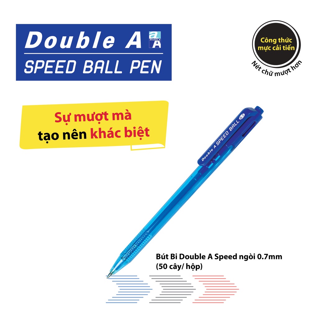 Combo 5 Bút bi Double A SPEED BALL 0.7mm mực xanh ngòi viết siêu êm ANKICO