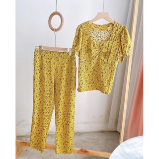 Set bộ hoa nhí cổ nhún xếp li tay phồng quần dài ống suông nhỏ bigsize 40-72kg