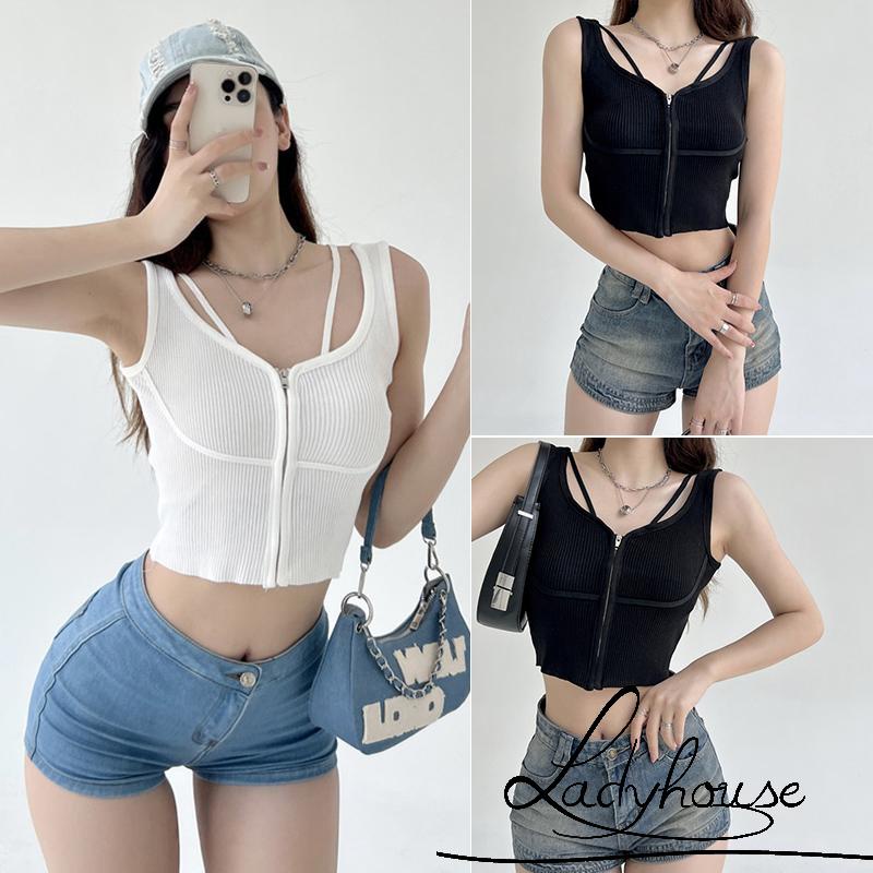 Áo Crop Top Hai Dây Khóa Kéo Trước Màu Trắng / Đen Thời Trang Mùa Hè Cho Nữ