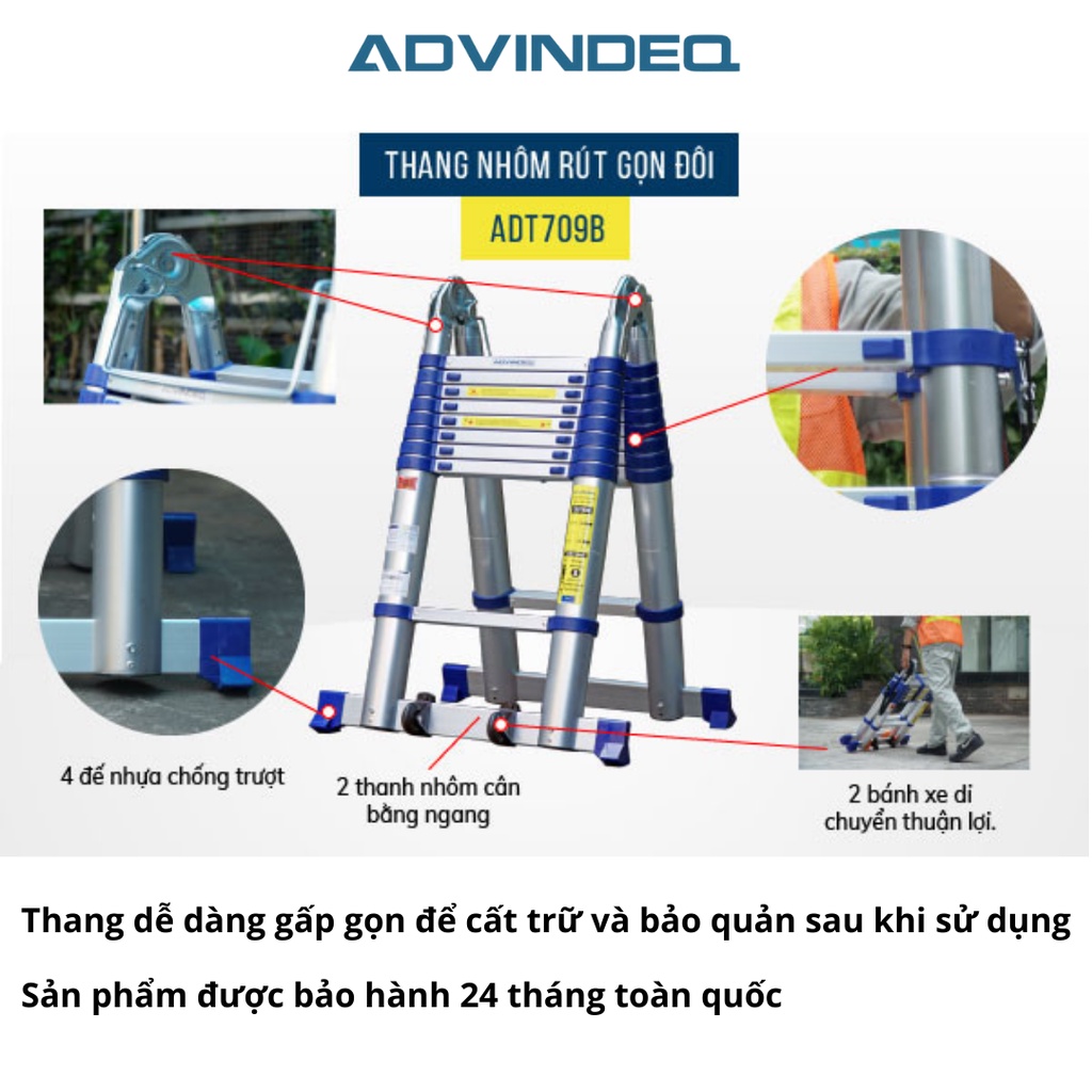 Thang nhôm chữ A rút gọn ADVINDEQ ADT709B, khóa gấp tự động an toàn, bảo hành 24 tháng chính hãng