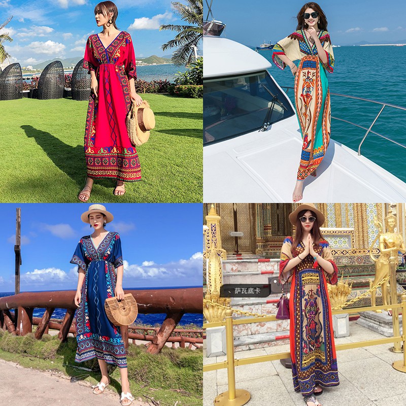 (Hàng Đẹp)Ảnh thật 3 hình cuối-Đầm maxi đi biển phong cách bohemian độc đáo